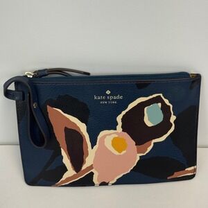 Kate Spade New York Navy Blue Floral Leather Wristlet Pouch Zip Clutch Bag